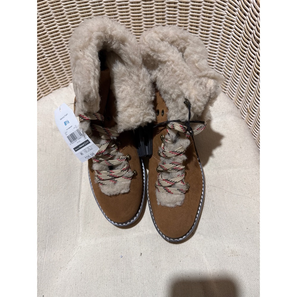 Time and Tru Womens Hiker Winter Boots Cognac Faux Shearling Memory Foam 8.5 NEW